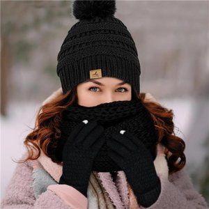 Winter Beanie Hat Scarf Gloves Set, Soft Fleece Knit Hat Warm Touchscreen Gloves